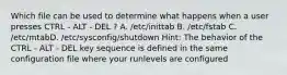 Which file can be used to determine what happens when a user presses CTRL - ALT - DEL ? A. /etc/inittab B. /etc/fstab C. /etc/mtabD. /etc/sysconfig/shutdown Hint: The behavior of the CTRL - ALT - DEL key sequence is defined in the same configuration file where your runlevels are configured