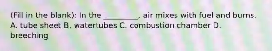 (Fill in the blank): In the _________, air mixes with fuel and burns. A. tube sheet B. watertubes C. combustion chamber D. breeching