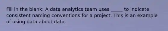 Fill in the blank: A data analytics team uses _____ to indicate consistent naming conventions for a project. This is an example of using data about data.