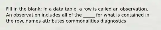 Fill in the blank: In a data table, a row is called an observation. An observation includes all of the _____ for what is contained in the row. names attributes commonalities diagnostics