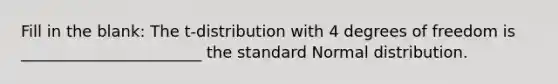 Fill in the blank: The t-distribution with 4 degrees of freedom is _______________________ the standard Normal distribution.