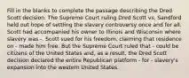 Fill in the blanks to complete the passage describing the Dred Scott decision. The Supreme Court ruling Dred Scott vs. Sandford held out hope of settling the slavery controversy once and for all. Scott had accompanied his owner to Illinois and Wisconsin where slavery was -. Scott sued for his freedom, claiming that residence on - made him free. But the Supreme Court ruled that - could be citizens of the United States and, as a result, the Dred Scott decision declared the entire Republican platform - for - slavery's expansion into the western United States.