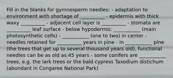 Fill in the blanks for gymnosperm needles: - adaptation to environment with shortage of __________ - epidermis with thick waxy __________ - adjacent cell layer is __________ - stomata are __________ leaf surface - below hypodermis: ___________ (main photosynthetic cells) - ___________ (one to two) in center - needles retained for __________ years in pine - in ___________ pine (the trees that get up to several thousand years old), functional needles can be as old as 45 years - some conifers are ___________ trees, e.g. the lark trees or the bald cypress Taxodium distichum (abundant in Congaree National Park)