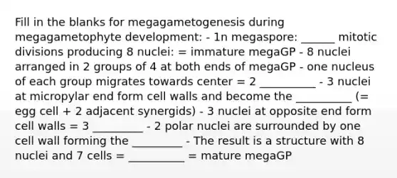 Fill in the blanks for megagametogenesis during megagametophyte development: - 1n megaspore: ______ mitotic divisions producing 8 nuclei: = immature megaGP - 8 nuclei arranged in 2 groups of 4 at both ends of megaGP - one nucleus of each group migrates towards center = 2 __________ - 3 nuclei at micropylar end form cell walls and become the __________ (= egg cell + 2 adjacent synergids) - 3 nuclei at opposite end form cell walls = 3 _________ - 2 polar nuclei are surrounded by one cell wall forming the _________ - The result is a structure with 8 nuclei and 7 cells = __________ = mature megaGP