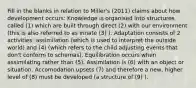 Fill in the blanks in relation to Miller's (2011) claims about how development occurs: Knowledge is organised into structures called (1) which are built through direct (2) with our environment (this is also referred to as innate (3) ). Adaptation consists of 2 activities: assimilation (which is used to interpret the outside world) and (4) (which refers to the child adjusting events that don't conform to schemas). Equilibration occurs when assimilating rather than (5). Assimilation is (6) with an object or situation. Accomodation upsets (7) and therefore a new, higher level of (8) must be developed (a structure of (9) ).