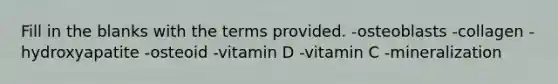 Fill in the blanks with the terms provided. -osteoblasts -collagen -hydroxyapatite -osteoid -vitamin D -vitamin C -mineralization