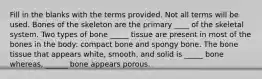 Fill in the blanks with the terms provided. Not all terms will be used. Bones of the skeleton are the primary ____ of the skeletal system. Two types of bone _____ tissue are present in most of the bones in the body: compact bone and spongy bone. The bone tissue that appears white, smooth, and solid is _____ bone whereas, ______ bone appears porous.