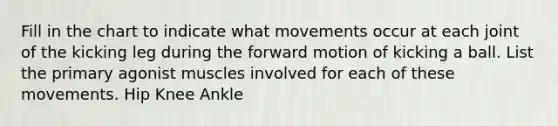 Fill in the chart to indicate what movements occur at each joint of the kicking leg during the forward motion of kicking a ball. List the primary agonist muscles involved for each of these movements. Hip Knee Ankle