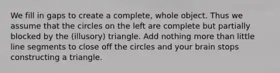 We fill in gaps to create a complete, whole object. Thus we assume that the circles on the left are complete but partially blocked by the (illusory) triangle. Add nothing more than little line segments to close off the circles and your brain stops constructing a triangle.