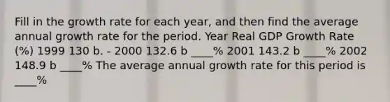 Fill in the growth rate for each​ year, and then find the average annual growth rate for the period. Year Real GDP Growth Rate (%) 1999 130 b. - 2000 132.6 b ____% 2001 143.2 b ____% 2002 148.9 b ____% The average annual growth rate for this period is ____%