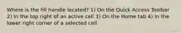 Where is the fill handle located? 1) On the Quick Access Toolbar 2) In the top right of an active cell 3) On the Home tab 4) In the lower right corner of a selected cell