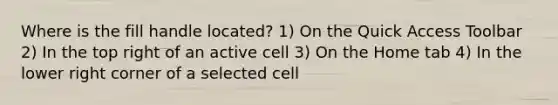 Where is the fill handle located? 1) On the Quick Access Toolbar 2) In the top right of an active cell 3) On the Home tab 4) In the lower right corner of a selected cell