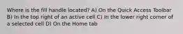 Where is the fill handle located? A) On the Quick Access Toolbar B) In the top right of an active cell C) In the lower right corner of a selected cell D) On the Home tab