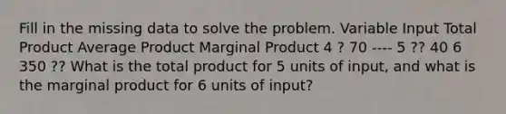 Fill in the missing data to solve the problem. Variable Input Total Product Average Product Marginal Product 4 ? 70 ---- 5 ?? 40 6 350 ?? What is the total product for 5 units of input, and what is the marginal product for 6 units of input?