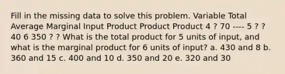 Fill in the missing data to solve this problem. Variable Total Average Marginal Input Product Product Product 4 ? 70 ---- 5 ? ? 40 6 350 ? ? What is the total product for 5 units of input, and what is the marginal product for 6 units of input? a. 430 and 8 b. 360 and 15 c. 400 and 10 d. 350 and 20 e. 320 and 30