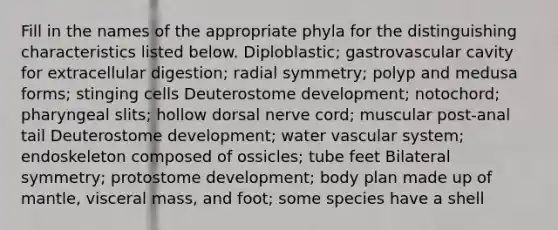 Fill in the names of the appropriate phyla for the distinguishing characteristics listed below. Diploblastic; gastrovascular cavity for extracellular digestion; radial symmetry; polyp and medusa forms; stinging cells Deuterostome development; notochord; pharyngeal slits; hollow dorsal nerve cord; muscular post-anal tail Deuterostome development; water vascular system; endoskeleton composed of ossicles; tube feet Bilateral symmetry; protostome development; body plan made up of mantle, visceral mass, and foot; some species have a shell