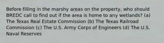 Before filling in the marshy areas on the property, who should BREDC call to find out if the area is home to any wetlands? (a) The Texas Real Estate Commission (b) The Texas Railroad Commission (c) The U.S. Army Corps of Engineers (d) The U.S. Naval Reserves