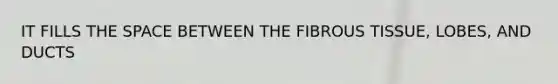 IT FILLS THE SPACE BETWEEN THE FIBROUS TISSUE, LOBES, AND DUCTS