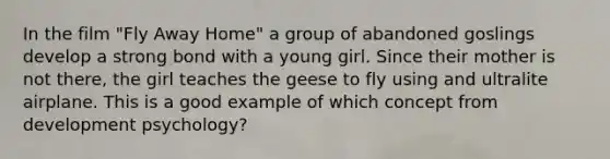 In the film "Fly Away Home" a group of abandoned goslings develop a strong bond with a young girl. Since their mother is not there, the girl teaches the geese to fly using and ultralite airplane. This is a good example of which concept from development psychology?