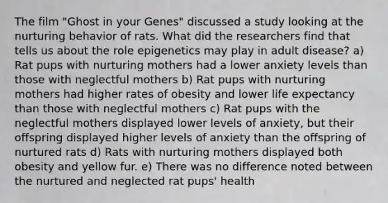 The film "Ghost in your Genes" discussed a study looking at the nurturing behavior of rats. What did the researchers find that tells us about the role epigenetics may play in adult disease? a) Rat pups with nurturing mothers had a lower anxiety levels than those with neglectful mothers b) Rat pups with nurturing mothers had higher rates of obesity and lower life expectancy than those with neglectful mothers c) Rat pups with the neglectful mothers displayed lower levels of anxiety, but their offspring displayed higher levels of anxiety than the offspring of nurtured rats d) Rats with nurturing mothers displayed both obesity and yellow fur. e) There was no difference noted between the nurtured and neglected rat pups' health