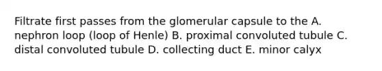 Filtrate first passes from the glomerular capsule to the A. nephron loop (loop of Henle) B. proximal convoluted tubule C. distal convoluted tubule D. collecting duct E. minor calyx