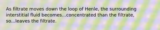 As filtrate moves down the loop of Henle, the surrounding interstitial fluid becomes...concentrated than the filtrate, so...leaves the filtrate.