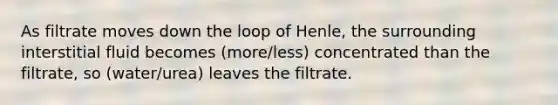 As filtrate moves down the loop of Henle, the surrounding interstitial fluid becomes (more/less) concentrated than the filtrate, so (water/urea) leaves the filtrate.