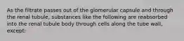 As the filtrate passes out of the glomerular capsule and through the renal tubule, substances like the following are reabsorbed into the renal tubule body through cells along the tube wall, except: