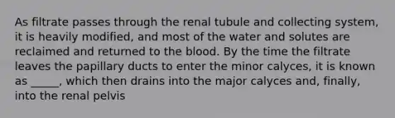 As filtrate passes through the renal tubule and collecting system, it is heavily modified, and most of the water and solutes are reclaimed and returned to the blood. By the time the filtrate leaves the papillary ducts to enter the minor calyces, it is known as _____, which then drains into the major calyces and, finally, into the renal pelvis