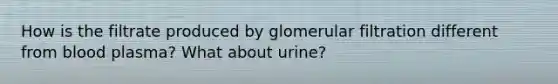 How is the filtrate produced by glomerular filtration different from blood plasma? What about urine?