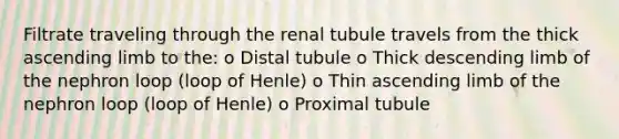 Filtrate traveling through the renal tubule travels from the thick ascending limb to the: o Distal tubule o Thick descending limb of the nephron loop (loop of Henle) o Thin ascending limb of the nephron loop (loop of Henle) o Proximal tubule