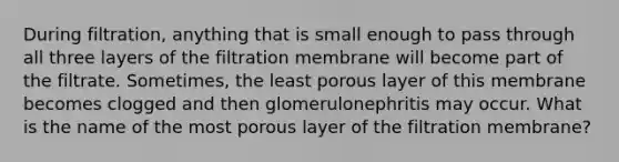 During filtration, anything that is small enough to pass through all three layers of the filtration membrane will become part of the filtrate. Sometimes, the least porous layer of this membrane becomes clogged and then glomerulonephritis may occur. What is the name of the most porous layer of the filtration membrane?