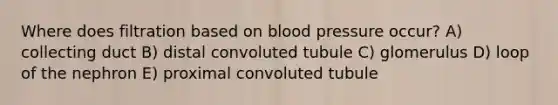 Where does filtration based on <a href='https://www.questionai.com/knowledge/kD0HacyPBr-blood-pressure' class='anchor-knowledge'>blood pressure</a> occur? A) collecting duct B) distal convoluted tubule C) glomerulus D) loop of the nephron E) proximal convoluted tubule