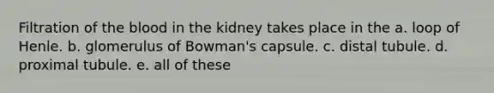 Filtration of the blood in the kidney takes place in the a. loop of Henle. b. glomerulus of Bowman's capsule. c. distal tubule. d. proximal tubule. e. all of these