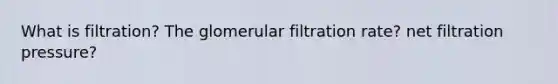 What is filtration? The glomerular filtration rate? net filtration pressure?