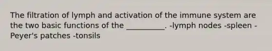 The filtration of lymph and activation of the immune system are the two basic functions of the __________. -lymph nodes -spleen -Peyer's patches -tonsils