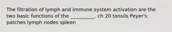 The filtration of lymph and immune system activation are the two basic functions of the __________. ch 20 tonsils Peyer's patches lymph nodes spleen