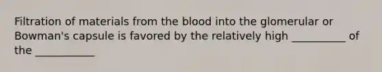 Filtration of materials from <a href='https://www.questionai.com/knowledge/k7oXMfj7lk-the-blood' class='anchor-knowledge'>the blood</a> into the glomerular or Bowman's capsule is favored by the relatively high __________ of the ___________