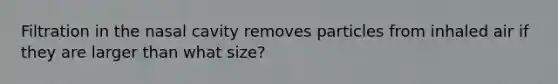 Filtration in the nasal cavity removes particles from inhaled air if they are larger than what size?