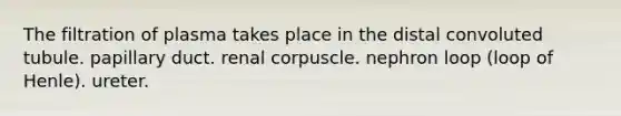 The filtration of plasma takes place in the distal convoluted tubule. papillary duct. renal corpuscle. nephron loop (loop of Henle). ureter.