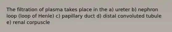 The filtration of plasma takes place in the a) ureter b) nephron loop (loop of Henle) c) papillary duct d) distal convoluted tubule e) renal corpuscle