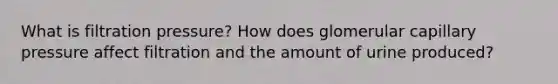 What is filtration pressure? How does glomerular capillary pressure affect filtration and the amount of urine produced?