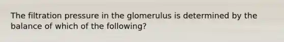 The filtration pressure in the glomerulus is determined by the balance of which of the following?