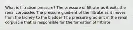 What is filtration pressure? The pressure of filtrate as it exits the renal corpuscle. The pressure gradient of the filtrate as it moves from the kidney to the bladder The pressure gradient in the renal corpuscle that is responsible for the formation of filtrate