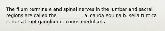 The filum terminale and spinal nerves in the lumbar and sacral regions are called the __________. a. cauda equina b. sella turcica c. dorsal root ganglion d. conus medullaris