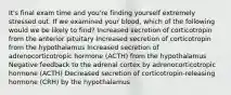 It's final exam time and you're finding yourself extremely stressed out. If we examined your blood, which of the following would we be likely to find? Increased secretion of corticotropin from the anterior pituitary Increased secretion of corticotropin from the hypothalamus Increased secretion of adrenocorticotropic hormone (ACTH) from the hypothalamus Negative feedback to the adrenal cortex by adrenocorticotropic hormone (ACTH) Decreased secretion of corticotropin-releasing hormone (CRH) by the hypothalamus