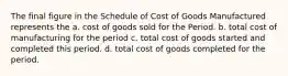 The final figure in the Schedule of Cost of Goods Manufactured represents the a. cost of goods sold for the Period. b. total cost of manufacturing for the period c. total cost of goods started and completed this period. d. total cost of goods completed for the period.