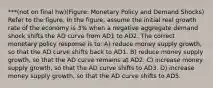 ***(not on final hw)(Figure: Monetary Policy and Demand Shocks) Refer to the figure. In the figure, assume the initial real growth rate of the economy is 3% when a negative aggregate demand shock shifts the AD curve from AD1 to AD2. The correct monetary policy response is to: A) reduce money supply growth, so that the AD curve shifts back to AD1. B) reduce money supply growth, so that the AD curve remains at AD2. C) increase money supply growth, so that the AD curve shifts to AD3. D) increase money supply growth, so that the AD curve shifts to AD5.