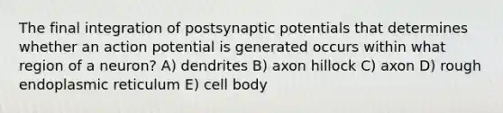 The final integration of postsynaptic potentials that determines whether an action potential is generated occurs within what region of a neuron? A) dendrites B) axon hillock C) axon D) rough endoplasmic reticulum E) cell body