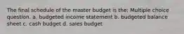 The final schedule of the master budget is the: Multiple choice question. a. budgeted income statement b. budgeted balance sheet c. cash budget d. sales budget